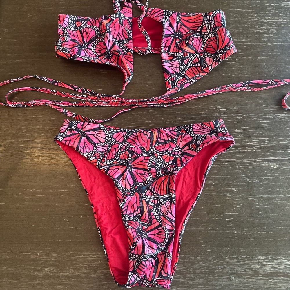 Toluca Swim Pink/Red Reversible Butterfly print Bikini